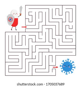 Spiel für Kinder in pädagogischem Labyrinth. Helfen Sie der süßen Kawaii-Pille mit Schwert und Schild finden Sie den richtigen Weg zum Virus. Zeichen der Cartoon-Vektorillustration.
