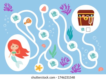 Educational maze game for children. Help the mermaid collect all diamonds. Count and write result. Underwater treasure chest. Vector cartoon characters.