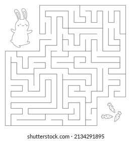 Educational maze game for children. Help the bunny find right way to carrots. Coloring page. Cartoon characters. Vector illustration.
