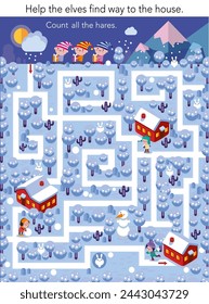 Educational maze game for children. Help elves find way. Count for kids. Christmas puzzle vector illustration.