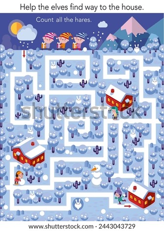 Educational maze game for children. Help elves find way. Count for kids. Christmas puzzle vector illustration.