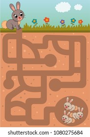 Educational Maze Game for Children. Mother Rabbit and her babies.  Can you help her to rich her babies?  (Vector illustration)
