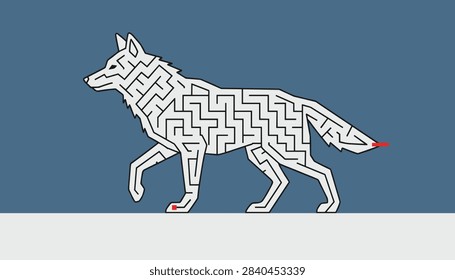 Educational maze game for children in the shape of a walking wolf silhouette on a blue and white winter background.