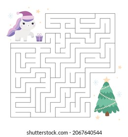 Educational maze game with cute unicorn and Christmas tree. Cartoon kawaii character. Winter printable labyrinth. Vector illustration.