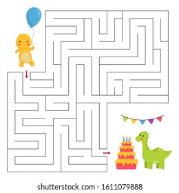 Educational maze game. Dinosaurs birthday party. Kawaii cartoon vector character. Help the T-rex find right way to his friend.