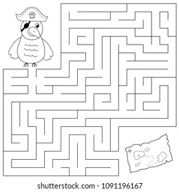 Educational maze game for kids. Help the pirate parrot find the way to the treasure map. Coloring page. Vector illustration