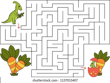 Educational maze game for kids. Help Parasaurolophus find way to dinosaur baby. Hand drawn cartoon characters.