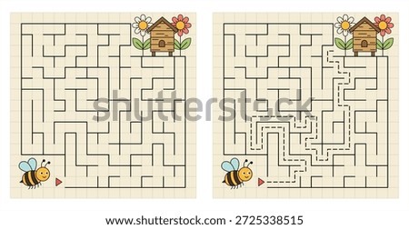 Educational Maze Game for Kids: Help the Bee Find the Way to the Beehive. Logic Puzzle Worksheet with Solution. Printable Labyrinth Puzzle