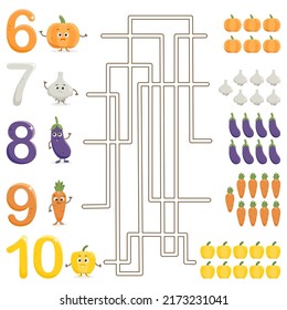 educational maze game for kids with numbers and cartoon vegetables