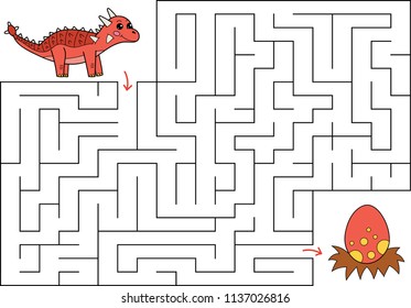 Educational maze game for preschool children. Help Ankylosaurus find way to the dinosaur egg. Hand drawn cartoon characters. Vector illustration