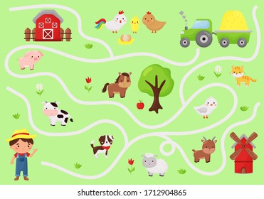 Educational maze game for preschool children. Cute cartoon kawaii farm animals. Help the farmer find right way to his tractor.