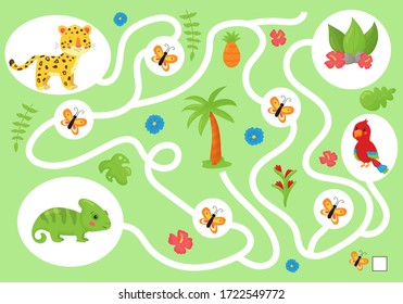 Educational maze game for preschool children. Help the chameleon collect all butterfly. Cute kawaii jungle animals and tropical plants. Activity worksheet. Learn count and write.