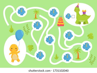 Educational maze game for preschool children. Help the T-rex collect all tropical flowers. Happy birthday. Cute kawaii dinosaurs.