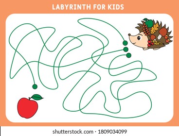 An educational maze game for preschool children. Help the hedgehog find the way to the apple. Worksheet. Labyrinth for children. Vector illustration of a maze, labyrinth with entrance and exit.