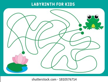 An educational maze game for preschool children. Help the frog find the way to the lake. Worksheet. Labyrinth for children. Vector illustration of a labyrinth, labyrinth with entrance and exit.