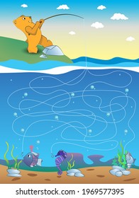Educational maze game for preschool children. Bear fishing. The task for children can be used in a book, magazine.