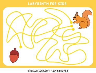 An educational maze game for preschool children. Help the squirrel find his way to nut. Worksheet. Labyrinth for children. Vector illustration of a labyrinth, labyrinth with entrance and exit.