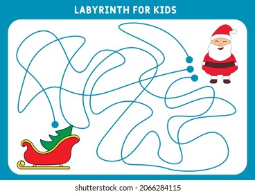 An educational maze game for preschool children. Help Santa Claus find my way to the 
sleigh. Worksheet. Labyrinth for children. Vector illustration of a maze, labyrinth with entrance and exit.