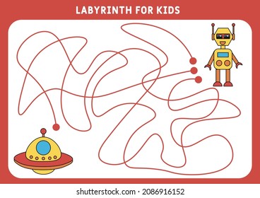 An educational maze game for preschool children. Help the robot find the way to the UFO. Worksheet. Labyrinth for children. Vector illustration of a maze, labyrinth with entrance and exit.