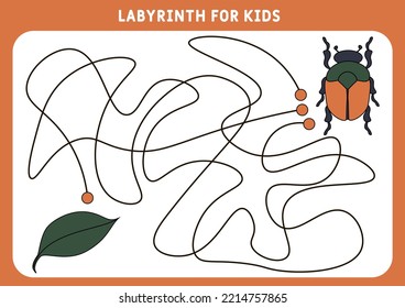 An educational maze game for preschool children. Help the beetle find its way to the leaf.  Worksheet. Labyrinth for children. Vector illustration of a maze, labyrinth with entrance and exit.