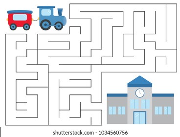 Educational Maze Game For Preschool Kids. Help The Train Find Right Way To Railway Station. Vector Illustration.