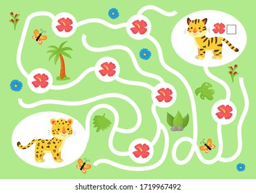 Educational maze game for preschool kids. Help the cheetah collect all tropical flowers for his friend tiger. Cute kawaii jungle animals. Count and write.
