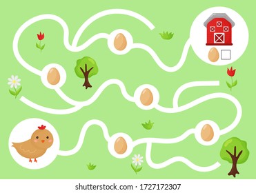 Educational maze game for preschool kids. Help the chicken collect all eggs. Cute kawaii farm animals. Learn count and write.
