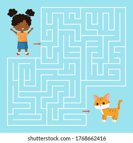 Educational maze game for preschool kids. Help the girl find right way to her cat. Kawaii cartoon vector characters. Worksheet for preschoolers.