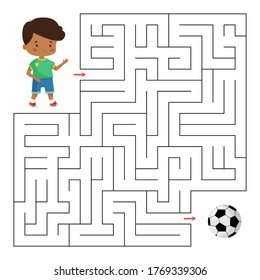 Educational maze game for preschool kids. Help the boy find right way to his football ball. Labyrinth for children. Cute cartoon vector characters.