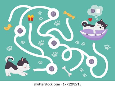 Educational maze game for preschool kids. Cute cartoon Siberian Husky is finding balls. Count and write number. Kawaii vector pet character.