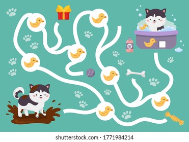 Educational maze game for preschool kids. Cute kawaii Siberian Husky in muddy puddle. Help the dog find all yellow ducks for bath. Count and write. Vector cartoon characters. Activity worksheet.