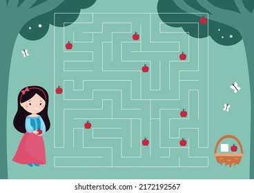 Educational maze game with Snow White. Help the princess collect apples. Cute cartoon character. Worksheet with classical fairy tale. Vector illustration.