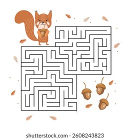 Educational maze for kids, cute squirrel and acorns. Illustration