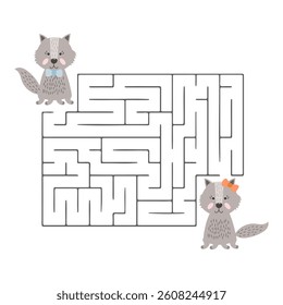 Educational maze for kids, cute wolves and acorns. Autumn illustration