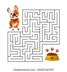 Educational maze for kids with a funny dog and a bowl of food. Education concept. Illustration, vector