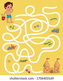 Educational maze puzzle game for kids in beach theme. Vector illustration.
