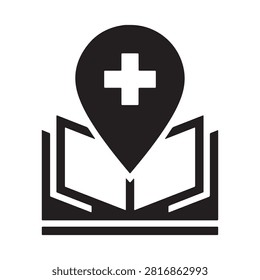 Educational or medical reference point icon showing location marker with cross on open book for clinic guidance systems.
