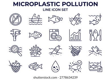Educational microplastic pollution icon set illustrating environmental hazards affecting marine life and human consumption with clean line art style