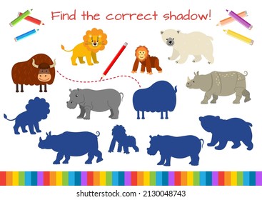 Educational mini-game for children. Find the correct shadow. Cartoon vector illustration