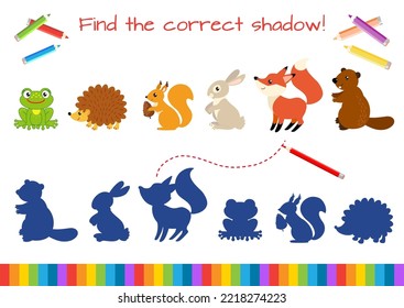 Educational mini-game for children. Find the correct shadow. Cartoon vector illustration