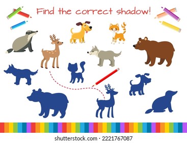 Educational mini-game for children. Find the correct shadow. Cartoon vector illustration