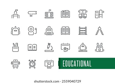 Educational minimal line icon set. Includes icons for student, classroom, education, bag, knowledge, school, academy and more. Outline icon collections. Vector icons editable stroke.