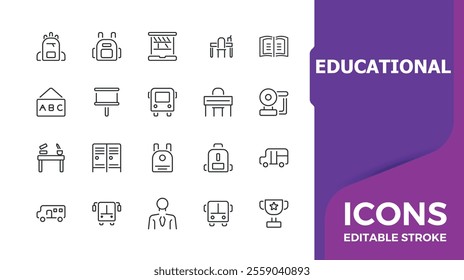 Educational minimal line icon set. Includes icons for student, classroom, education, bag, knowledge, school, academy and more. Outline icon collections. Vector icons editable stroke.
