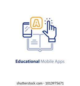 Educational mobile app concept, hand finger touching app smartphone button, opened book, vector line icon