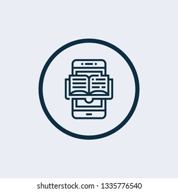 Educational mobile app concept, hand finger touching app smartphone button, opened book, vector line icon. Mobile reader app icon. Online courses icon for library, study or tutorials.