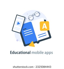 Educational mobile app concept, hand finger touching app smartphone button, opened book