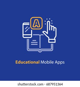 Educational mobile app concept, hand finger touching app smartphone button, opened book, vector line icon