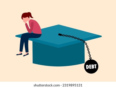 Bildungsproblem oder Studentendarlehenskonzept Vektorgrafik. Unglücklicher Student sitzend auf Graduierthut in flachem Design.