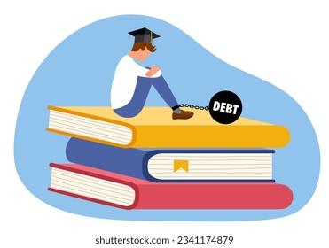 Educational money problem or student loan concept vector illustration. Unhappy student sitting on stack of books in flat design.