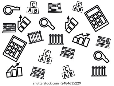 Educational motif pattern of test tube, letter blocks, graph, calculator, profit, abacus